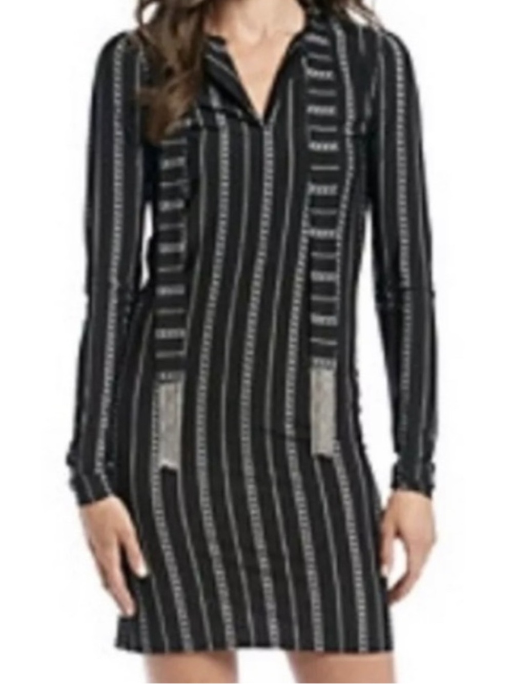 Michael Kors NWT Black and White Chain Striped Print Tie Neck Long Sleeve Dress